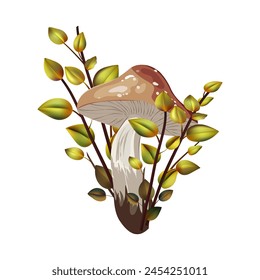 Edible wild mushroom with a branch of autumn leaves. Cartoon poisonous and edible mushrooms. Organic porcini. Isolated icon. Vector illustration.