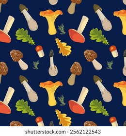 Edible wild mushrooms and autumn leaves pattern