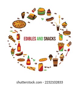 edibles and snacks vector illustrations, Snacks colourful vector art, Icons set of food and edibles