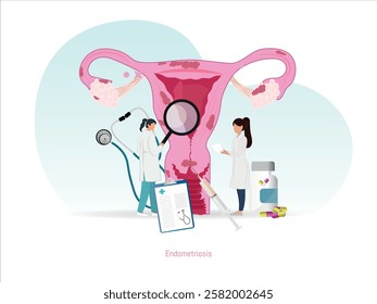 edical representation of endometriosis with doctors evaluating the uterus, highlighting diagnosis, treatment, and symptoms of the gynecological disease.