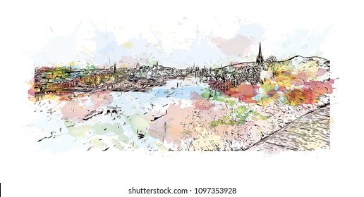 Edinburgh Castle is a historic fortress which dominates the skyline of the city of Edinburgh, Scotland. Watercolor splash with hand drawn sketch illustration in vector.