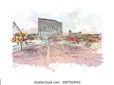 Edinburgh Castle is a historic fortress which dominates the skyline of the city of Edinburgh, Scotland. Watercolor splash with hand drawn sketch illustration in vector.