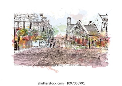 Edinburgh Castle is a historic fortress which dominates the skyline of the city of Edinburgh, Scotland. Watercolor splash with hand drawn sketch illustration in vector.