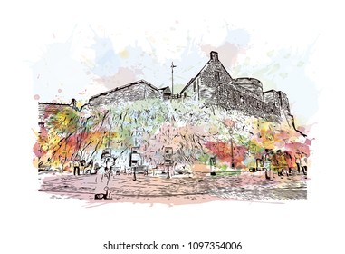 Edinburgh Castle is a historic fortress which dominates the skyline of the city of Edinburgh, Scotland. Watercolor splash with hand drawn sketch illustration in vector.