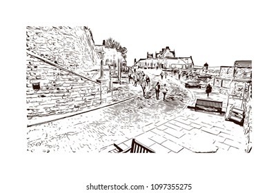 Edinburgh Castle is a historic fortress which dominates the skyline of the city of Edinburgh, Scotland. Hand drawn sketch illustration in vector.