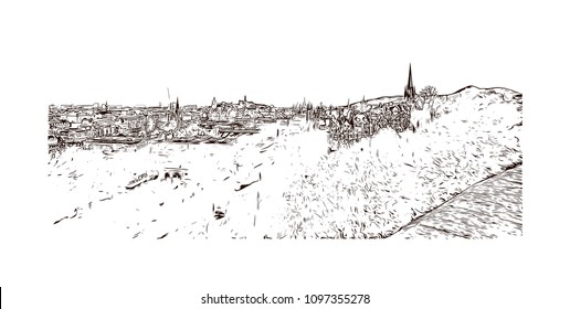 Edinburgh Castle is a historic fortress which dominates the skyline of the city of Edinburgh, Scotland. Hand drawn sketch illustration in vector.