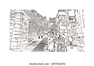 Edinburgh Castle is a historic fortress which dominates the skyline of the city of Edinburgh, Scotland. Hand drawn sketch illustration in vector.