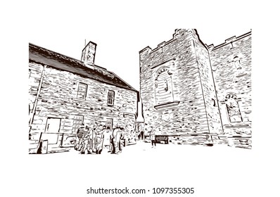 Edinburgh Castle is a historic fortress which dominates the skyline of the city of Edinburgh, Scotland. Hand drawn sketch illustration in vector.