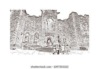 Edinburgh Castle is a historic fortress which dominates the skyline of the city of Edinburgh, Scotland. Hand drawn sketch illustration in vector.