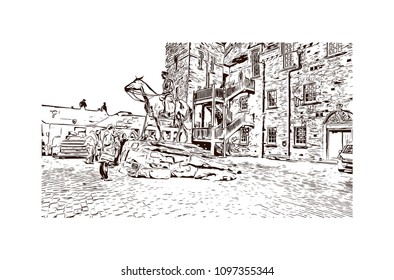 Edinburgh Castle is a historic fortress which dominates the skyline of the city of Edinburgh, Scotland. Hand drawn sketch illustration in vector.