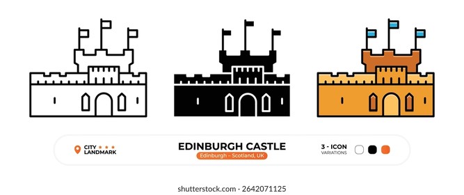 Ícone da Linha do Castelo de Edimburgo. Edimburgo, Escócia, Reino Unido, Marco, Silhueta, Vetor de cores, Traço editável.