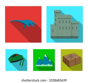 Edinburgh Castle, Loch Ness Monster, Grampian Mountains, national cap balmoral,tam o’shanter. Scotland set collection icons in flat style vector symbol stock illustration web.