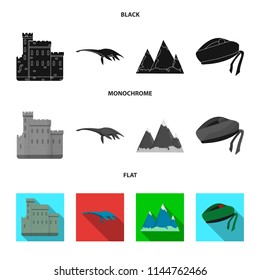 Edinburgh Castle, Loch Ness Monster, Grampian Mountains, national cap balmoral,tam o shanter. Scotland set collection icons in black, flat, monochrome style vector symbol stock illustration web.