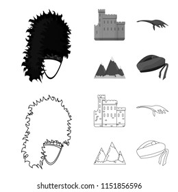 Edinburgh Castle, Loch Ness Monster, Grampian Mountains, national cap balmoral,tam shanter. Scotland set collection icons in outline,monochrome style vector symbol stock illustration web.