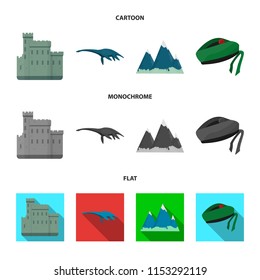 Edinburgh Castle, Loch Ness Monster, Grampian Mountains, national cap balmoral,tam shanter. Scotland set collection icons in cartoon,flat,monochrome style vector symbol stock illustration web.