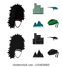 Edinburgh Castle, Loch Ness Monster, Grampian Mountains, national cap balmoral,tam shanter. Scotland set collection icons in cartoon,black style vector symbol stock illustration web.