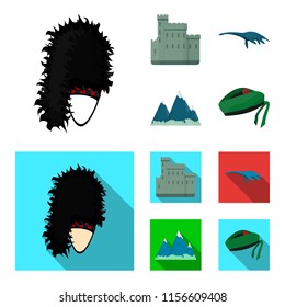 Edinburgh Castle, Loch Ness Monster, Grampian Mountains, national cap balmoral,tam shanter. Scotland set collection icons in cartoon,flat style vector symbol stock illustration web.