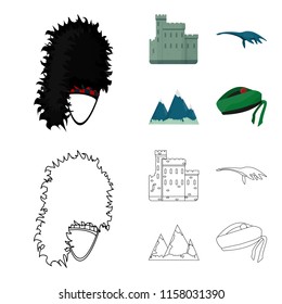 Edinburgh Castle, Loch Ness Monster, Grampian Mountains, national cap balmoral,tam o shanter. Scotland set collection icons in cartoon,outline style vector symbol stock illustration web.