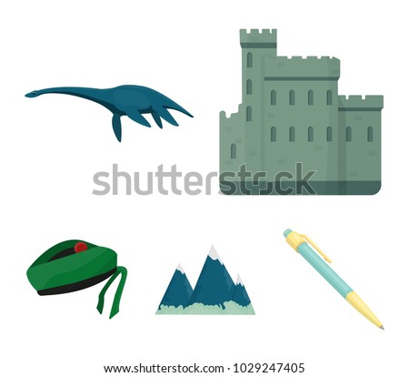 Edinburgh Castle, Loch Ness Monster, Grampian Mountains, national cap balmoral,tam o’shanter. Scotland set collection icons in cartoon style vector symbol stock illustration web.