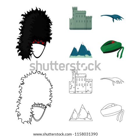 Edinburgh Castle, Loch Ness Monster, Grampian Mountains, national cap balmoral,tam o shanter. Scotland set collection icons in cartoon,outline style vector symbol stock illustration web.