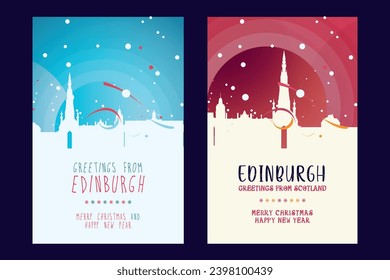 Edinburgh city poster with Christmas skyline, cityscape, landmarks. Winter UK, Scotland capital holiday, New Year vertical vector layout for brochure, website, flyer, leaflet, card