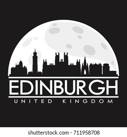 Edinburgh Full Moon Night Skyline Silhouette Design City Vector Art Logo.