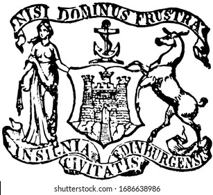 Edinburgh has Heraldry representing the city Scotland, vintage line drawing or engraving illustration.