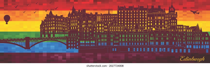 Edinburgh on LGBT flag background - illustration, 
Town in Rainbow background, 
Vector city skyline silhouette