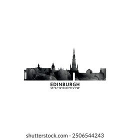 Edinburgh panorama, vector badge, skyline logo and icon. UK, Scotland capital city horizon logotype with landmarks and building silhouettes. Isolated foggy abstract gradient graphic