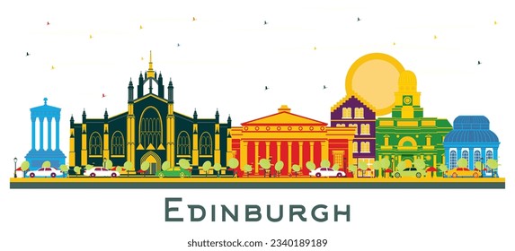 Edinburgh Scotland city skyline with color buildings isolated on white. Vector illustration. Business travel and tourism concept with historic buildings. Edinburgh Cityscape with landmarks.