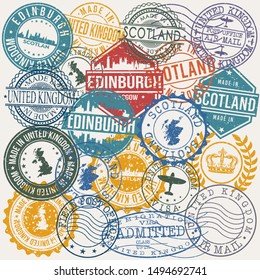 Edinburgh Scotland Set of Stamps. Travel Stamp. Made In Product. Design Seals Old Style Insignia.