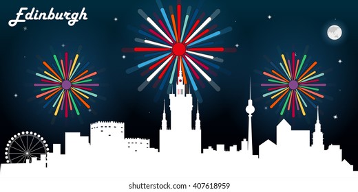 Edinburgh Scotland skyline silhouette, dark night sky with fireworks vector design