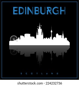 Edinburgh, Scotland skyline silhouette vector design on parliament blue and black background.