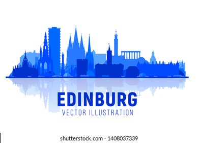 Edinburgh Scotland (UK) city silhouette with panorama in white background. Vector Illustration. Business travel and tourism concept with modern buildings. Image for banner or web site.