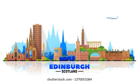 Edinburgh Scotland (UK) skyline with panorama in white background. Vector Illustration. Business travel and tourism concept with modern buildings. Image for banner or web site.