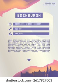 Edinburgh, Scotland vector infographics, brochure layout. Guide, leaflet, flyer, advertising graphic template with text, information, UK city skyline shape. Page, festival, cover mock up image