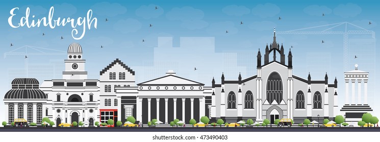 Edinburgh Skyline with Gray Buildings and Blue Sky. Vector Illustration. Business Travel and Tourism Concept with Historic Buildings. Image for Presentation Banner Placard and Web Site.