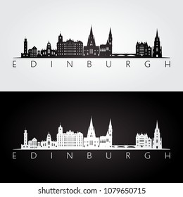 Edinburgh skyline and landmarks silhouette, black and white design, vector illustration.