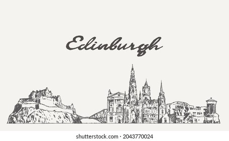 Edinburgh skyline, Scotland, hand drawn vector illustration, sketch