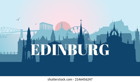 Edinburgh Skyline silhouette with landmarks. 
Flat vector illustration panorama of UK city architecture for banner or web site. 
