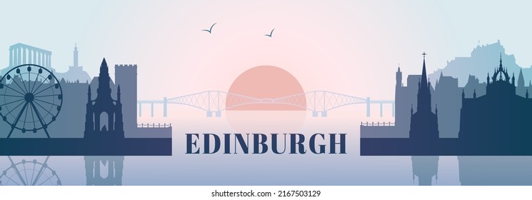 Edinburgh Skyline silhouette with landmarks. Flat vector illustration panorama of UK city architecture for banner or web site. Business Travel and Tourism Concept.