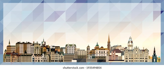 Afiche colorido del vector del horizonte de Edimburgo sobre el hermoso fondo de textura triangular