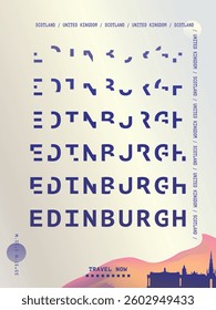 Edinburgh typography minimalist vector poster layout. Brochure, leaflet, flyer, advertising image template with text, multicolors for Scotland, UK city. Event, festival, cover graphic
