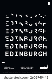 Edinburgh typography minimalist vector poster for event, festival, holiday layout. Brochure, leaflet, flyer, advertising image template with text, black and white colors for Scotland, UK city
