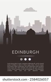 Edinburgh UK city template for website, presentation, front page, invitation, publication sheet with skyline, landmarks. Vector Scotland, United Kingdom image layout, simple and grayscale