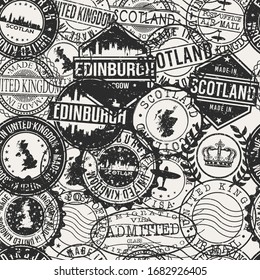 Edinburgh, UK Stamps Background. A City Stamp Vector Art. Set of Postal Passport Travel. Design Set Pattern.