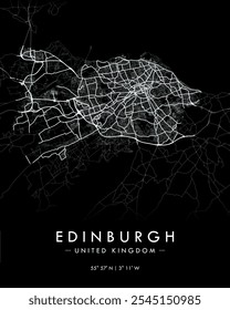 Edinburgh vector map in dark theme. Detailed map of Edinburgh in United Kingdom. Best free vector illustration. Tourist decorative street map.