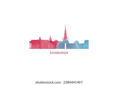 Edinburgh watercolor cityscape skyline city panorama vector flat modern logo, icon. UK Scotland town emblem concept with  landmarks and building silhouettes. Isolated graphic