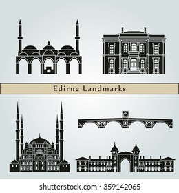 Edirne landmarks and monuments isolated on blue background in editable vector file