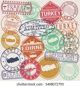 Edirne Turkey Set of Stamps. Travel Stamp. Made In Product. Design Seals Old Style Insignia.